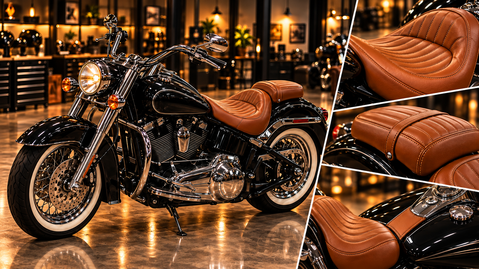 Motocicleta e detalhes do banco fornecidos para apresentação.